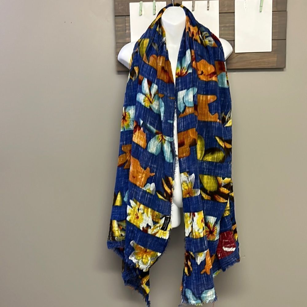 ZARA Heather Blue Vibrant Floral Frayed Watercolor Scarf/Wrap- app 77” by 41”